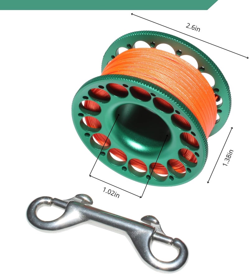 DiveTec 98FT SCUBA DIVING REEL: Aluminum Finger Spool with Stainless Steel Double-End Bolt Snap, Bright Color Nylon Line, Large Center Hole, and Easy to Hang Buckle for Wreck and Reef Diving (GREEN) - Image 4
